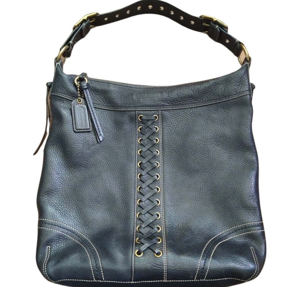 Women's Coach 1941 Black Laced Studded Pebbled Leather XL Shoulder Bag 10400